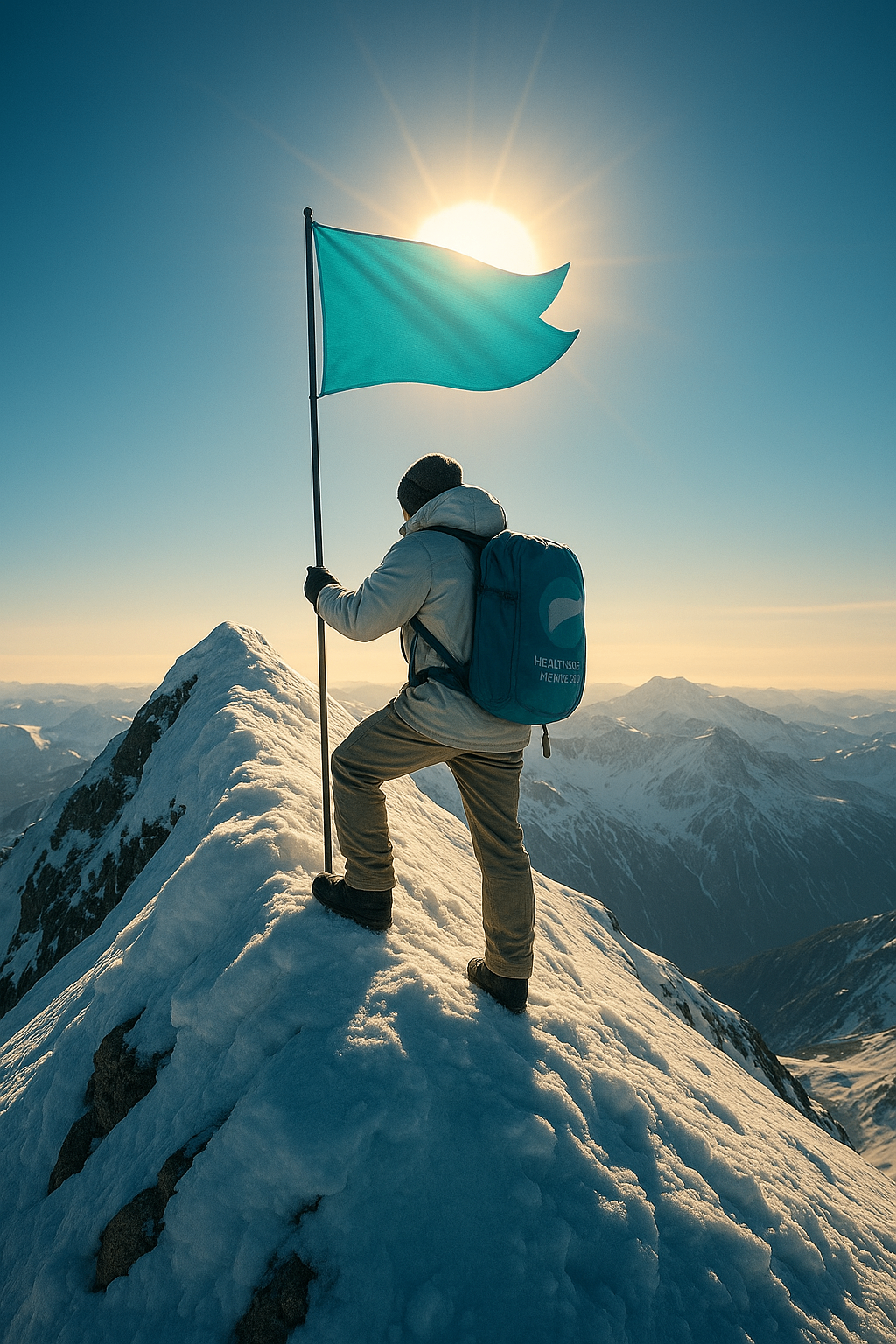 Healthcare summit - person with flag on mountain peak representing leadership and achievement