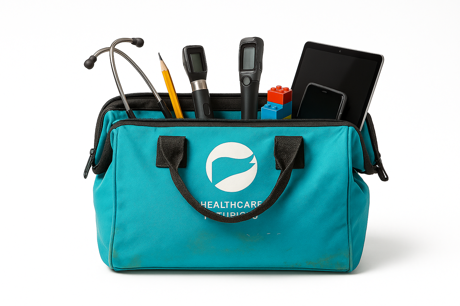 HealthCare Futurists toolkit bag with medical and technology tools