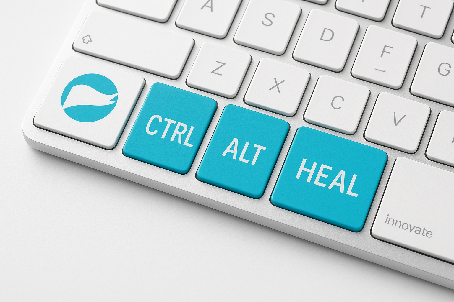 CTRL ALT HEAL keyboard keys representing healthcare transformation