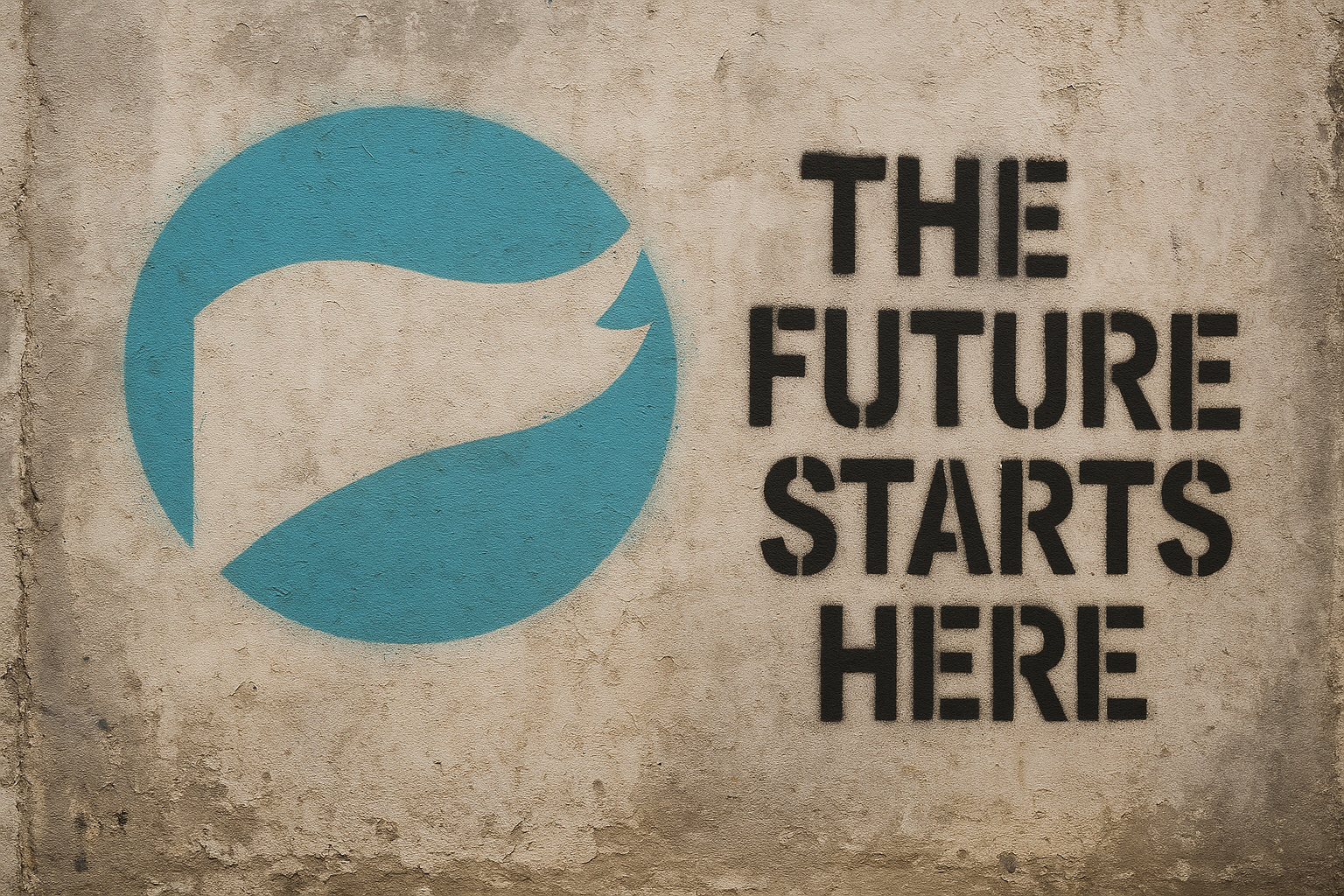 The Future Starts Here - Turquoise logo on concrete wall