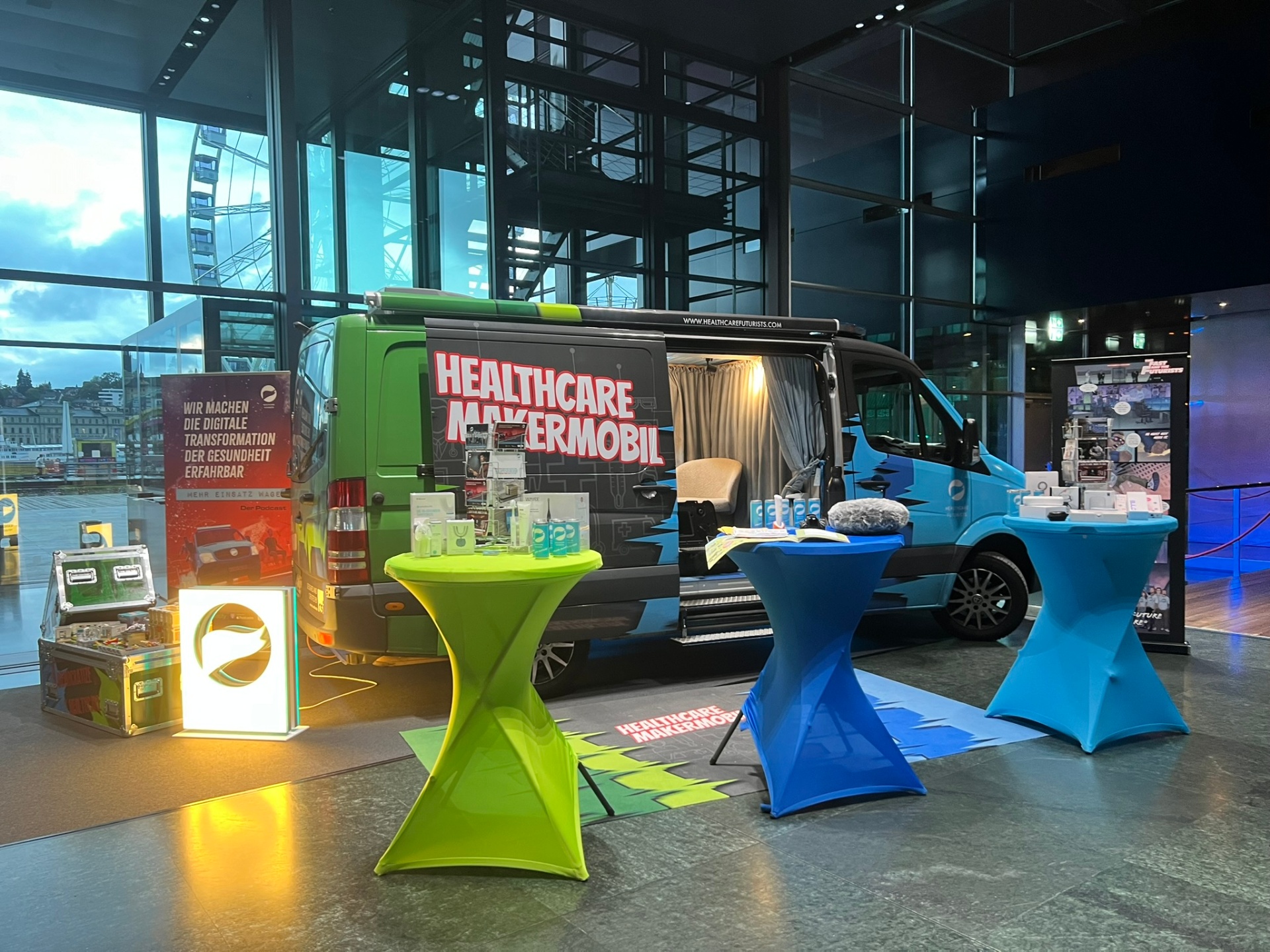 HealthCare MakerMobil display setup with colorful tables
