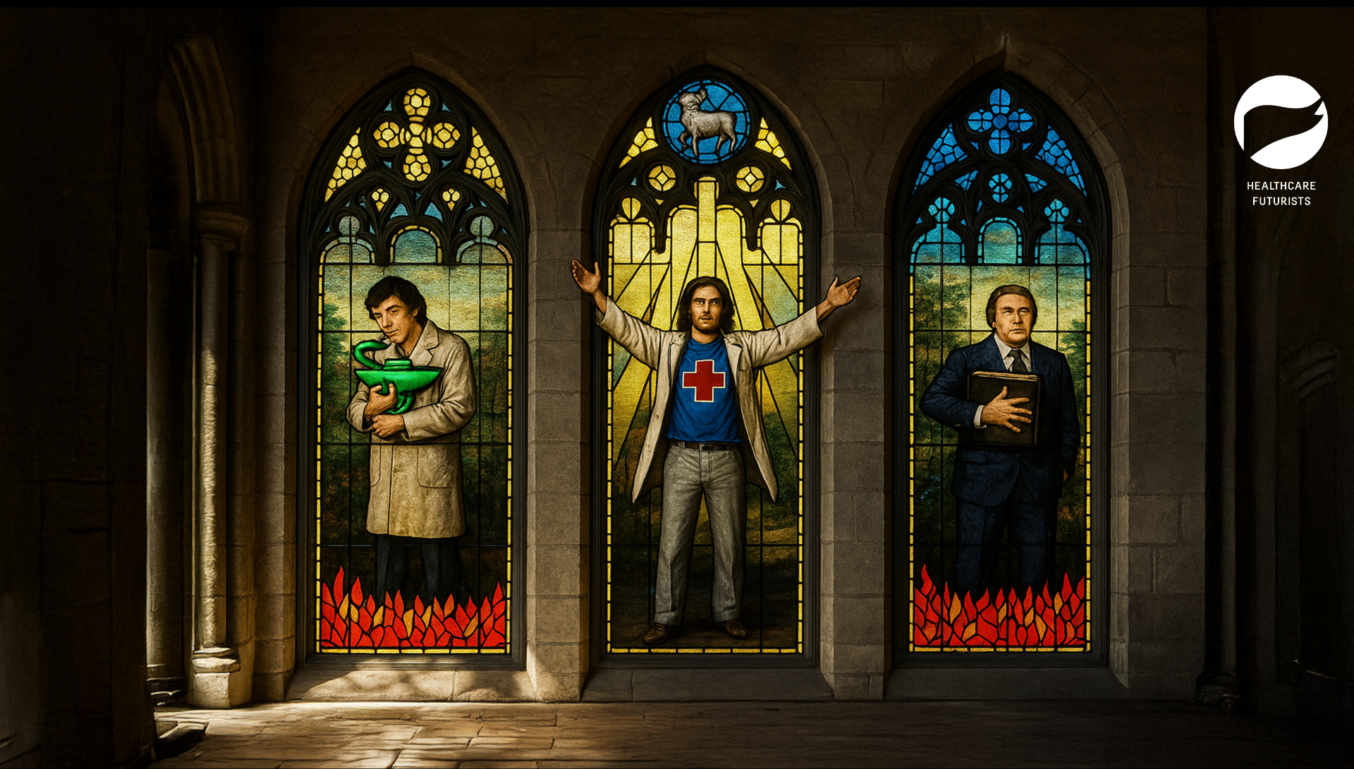 Healthcare professionals depicted as innovation leaders in stained glass style